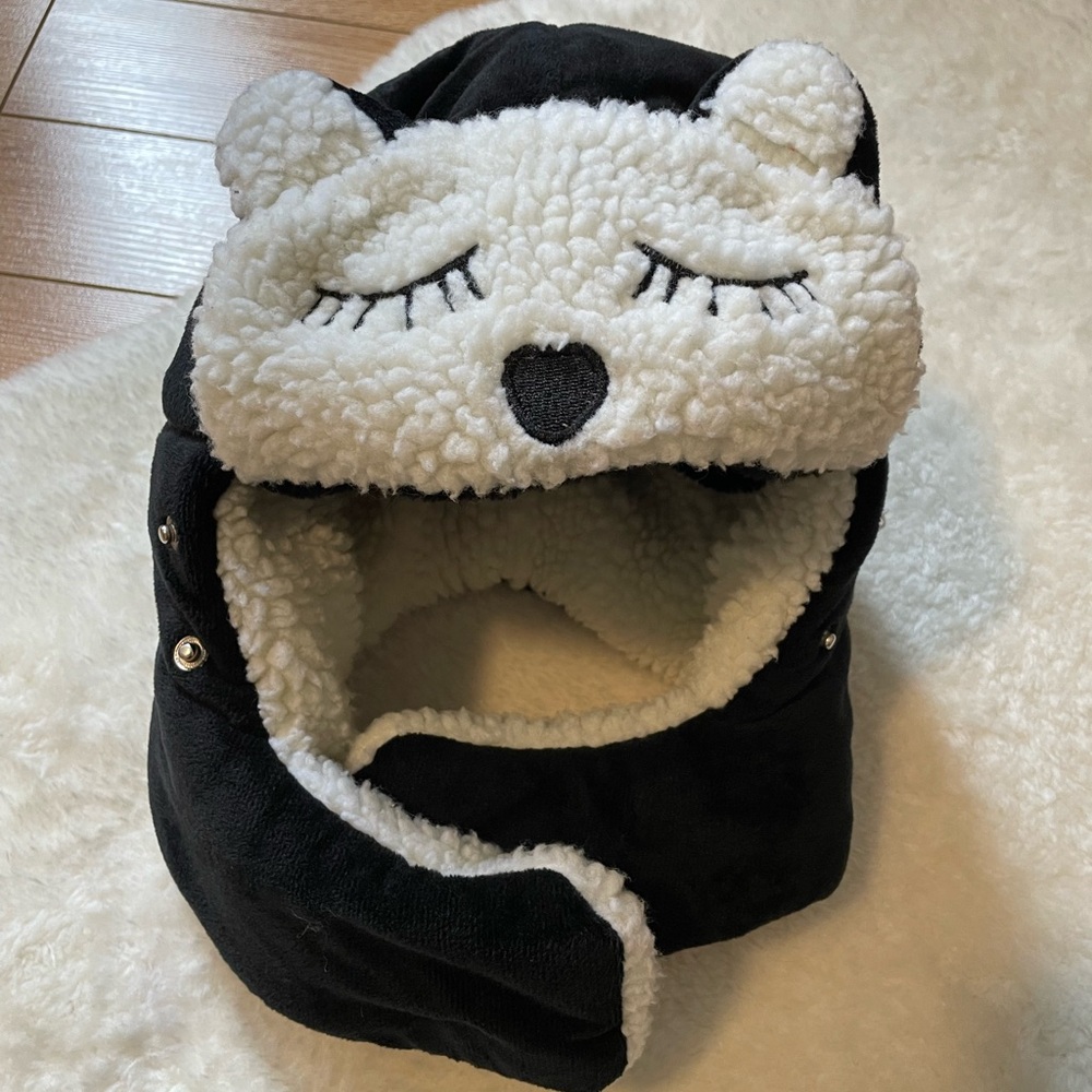 Kids Plush Bear Hooded Winter Hat - Black & Cream